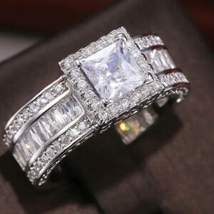 925 Silver Ring Brilliant Halo Engagement Square Round 9 Sparkly Cocktail New